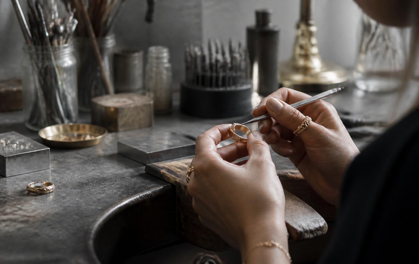 Orfebre tallando un anillo de oro en el taller